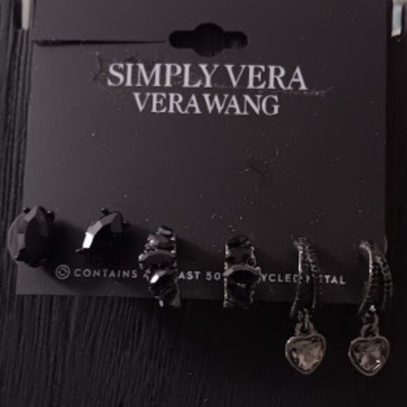 VERA WANG 3pc SET Goth Black Crystal Studs + Black Crystal & Heart Hoop Earrings - Picture 2 of 3
